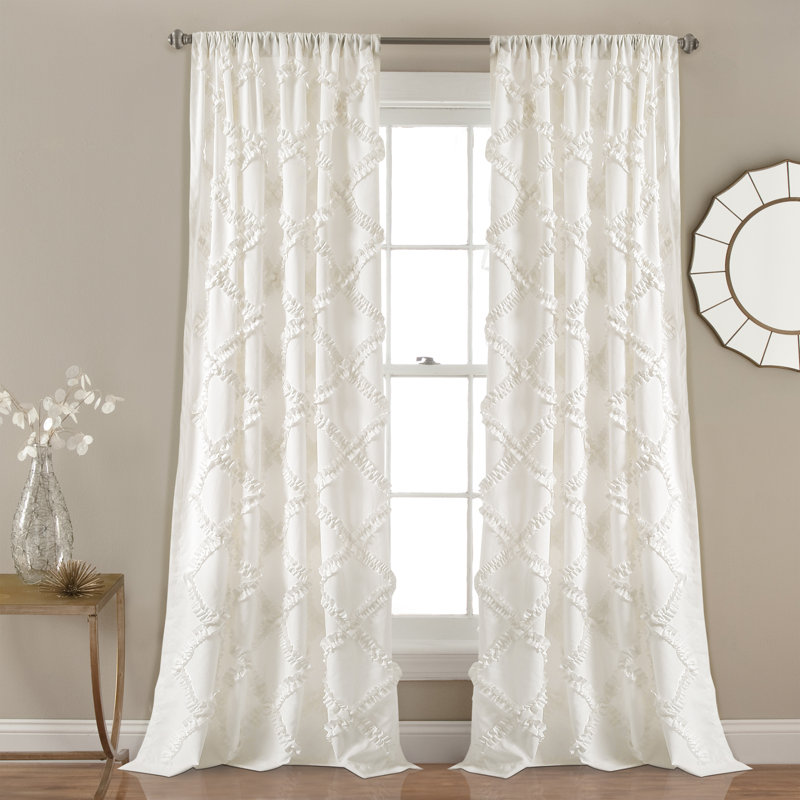 Ruffle Diamond Semi Sheer Curtain Pair, White, 54"W x 84"L
