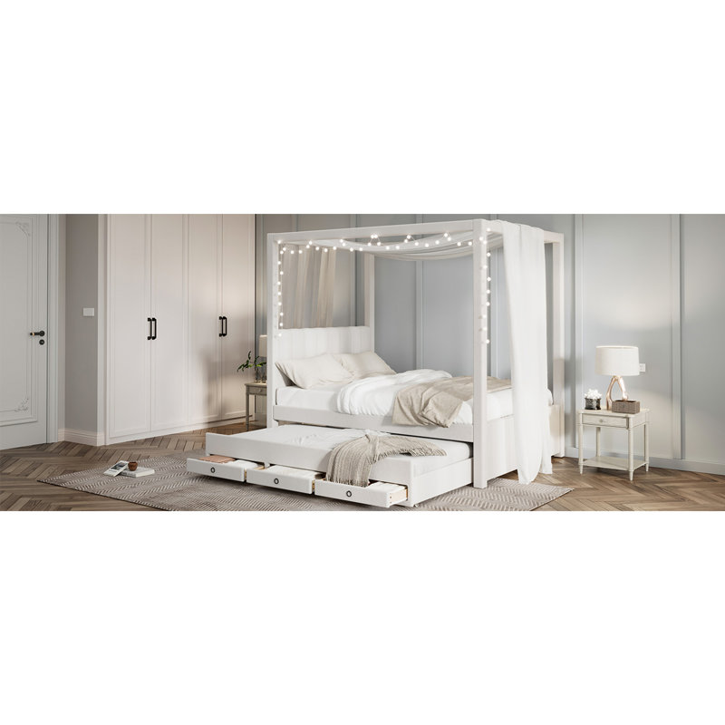 Upholstered Canopy Platform Bed with Trundle and Storage Drawers, a Stylish and Functional Choice for Your Bedroom, Full