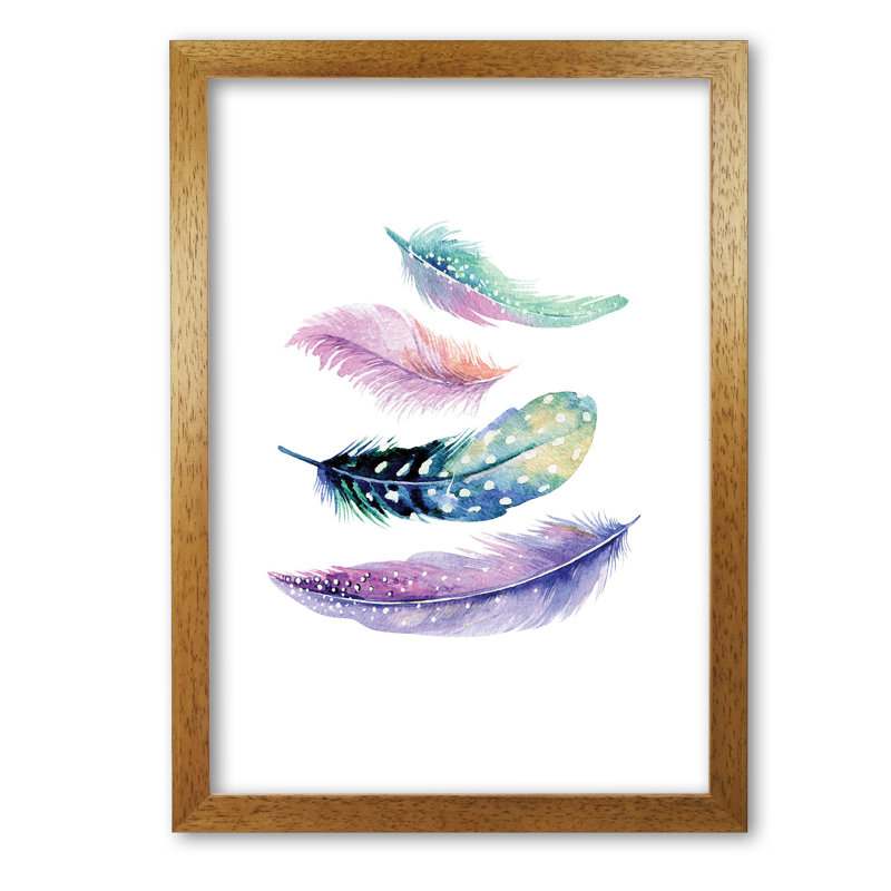 Turquoise And Purple Bird Feathers Abstract - Print, Honey Oak Frame, 85 cm H x 60 cm W x 5 cm D