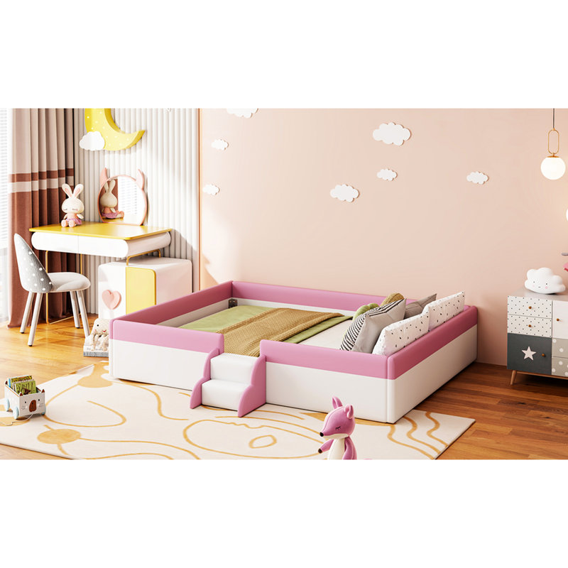 Très grande structure de lit de jour rembourrée avec clôture, aspect rose et blanc, dix lattes de lit pour plus de durabilité, installation rapide, installation facile