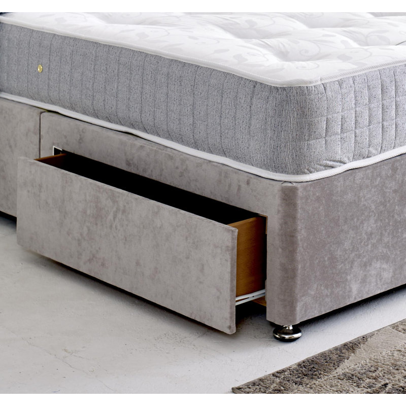 Divan Bed Base with Cube Headboard, No Drawers, Grey, Small Double (120 x 190 cm)