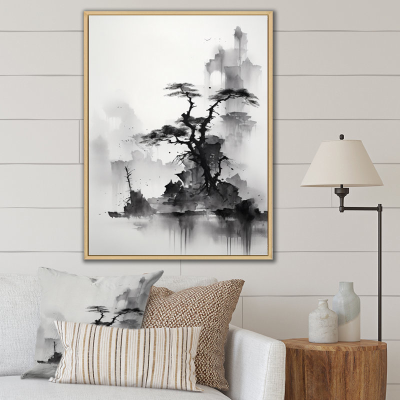 Asian Art Landscape Sumi - Art asiatique grand art mural, H 32 po x l 24 po x P 1 po, Cadre flottant érable