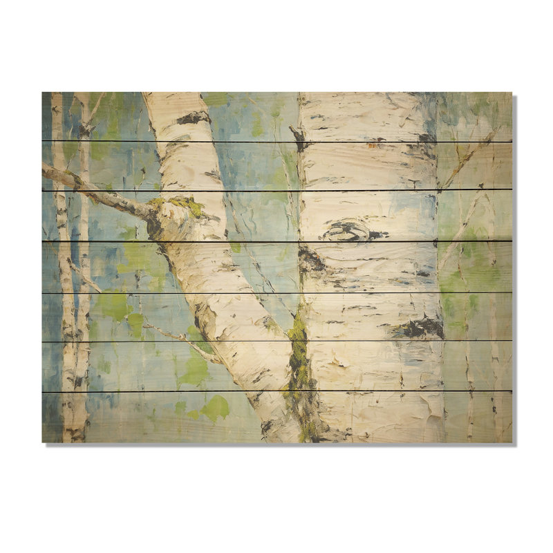 Bouleau blanc et vert minimaliste - impression sur bois, H 10 po x l 20 po