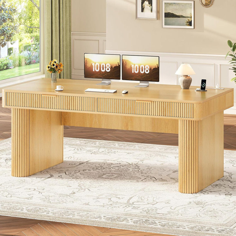 Bureau d'ordinateur Ffice avec 2 tiroirs, bureau d'ordinateur cannelé 59 "avec rangement et multiprise, Chêne