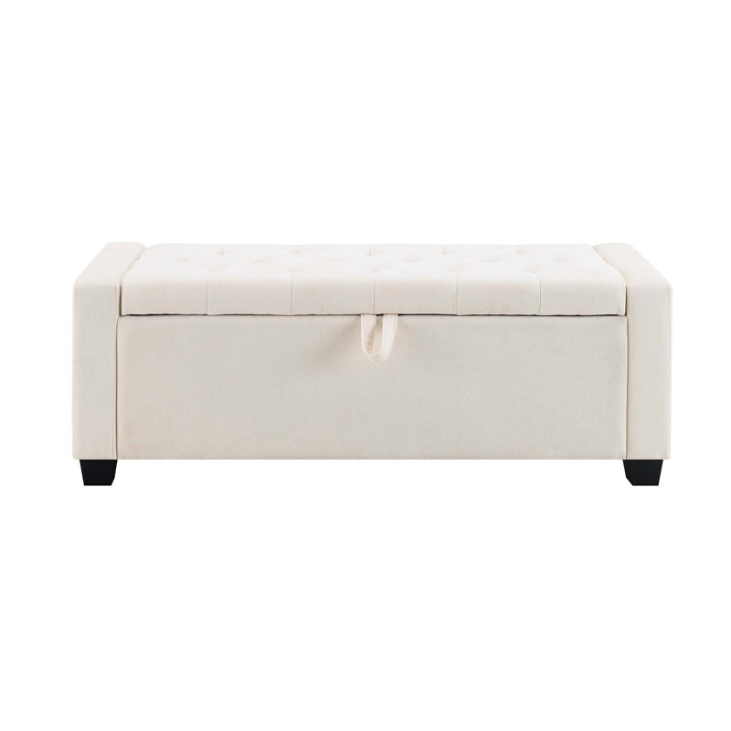 48 Inch Beige Upholstered Storage Ottoman Bench, Safety Hinge Design, Max 350LBS Load, Entryway & Bedroom Seating Stool