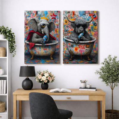 Graffiti Elephant and Highland Cow Bathtub Artwork, Urban Bathroom Pictures, Framed Canvas Giclee Print 2 Pieces Wall Art
