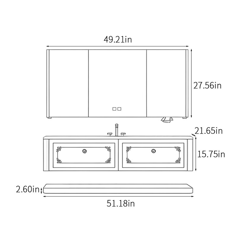 Armoire de salle de bain luxueuse de style américain, Gris clair, H 18,35 po x l 51,18 po x P 21,65 po