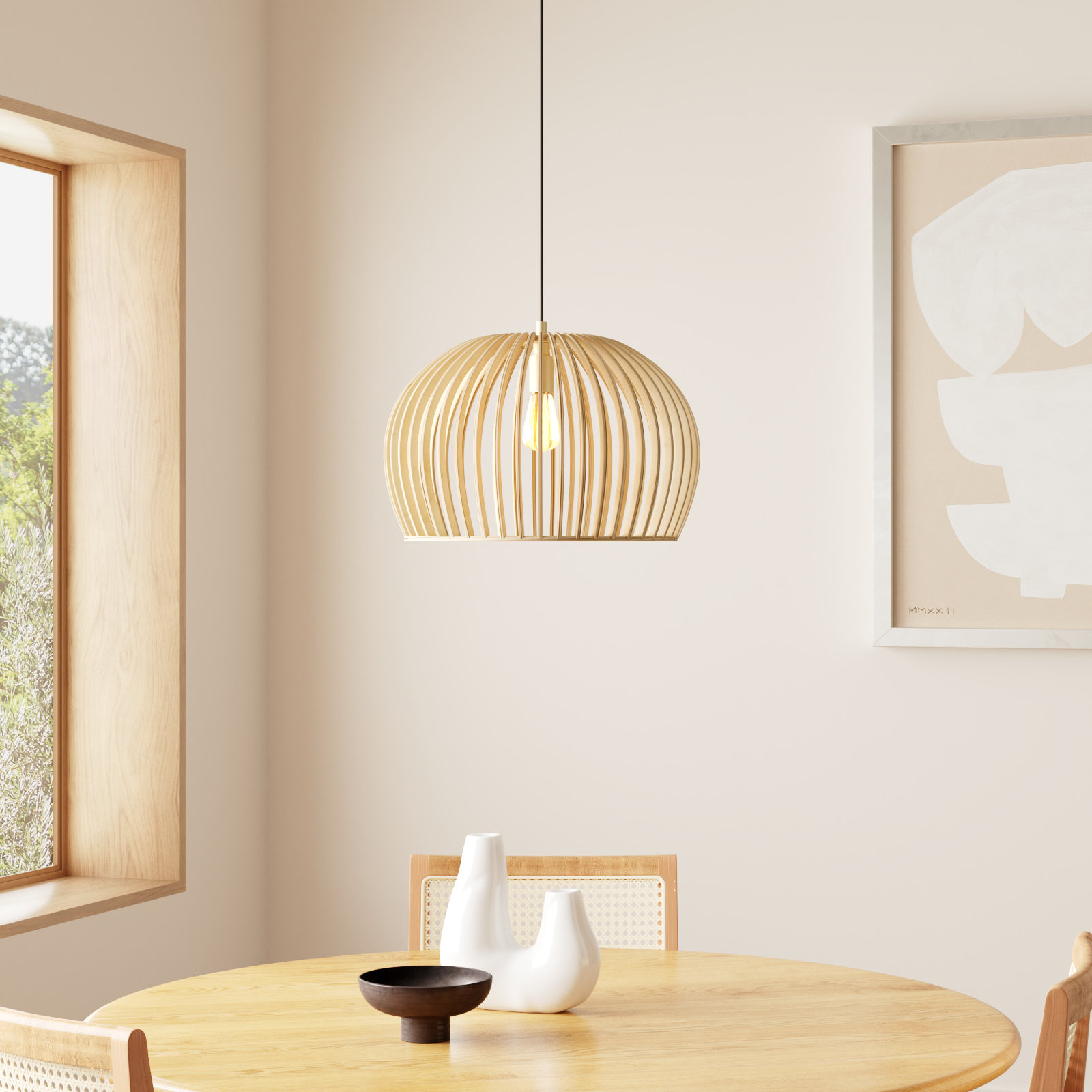 Paz Single Light Wood Dimmable Pendant, Natural