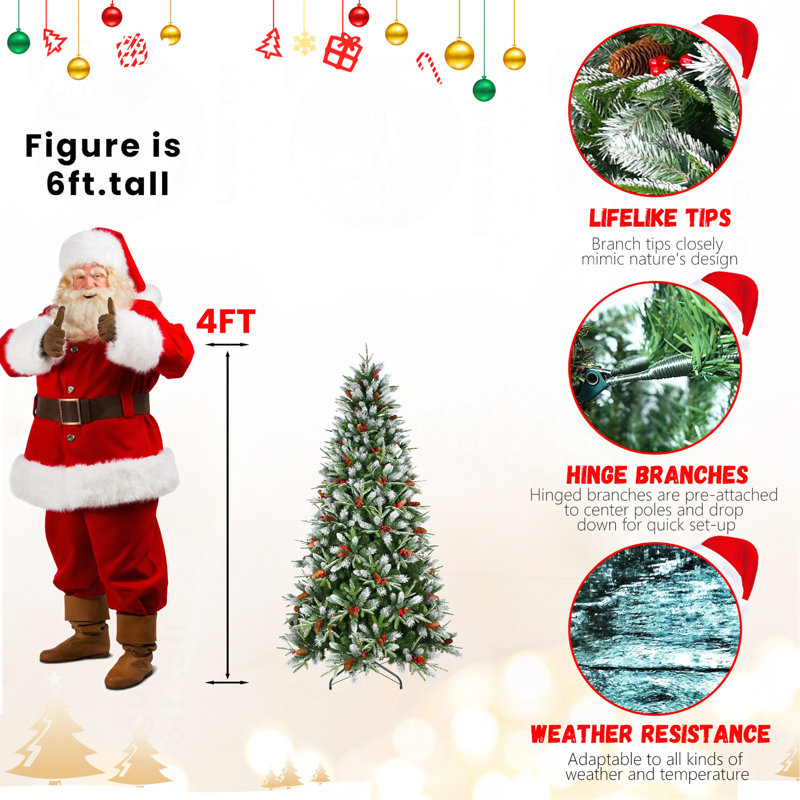 Arbre de Noël 6 pi avec 1593 pointes, baies rouges et pommes de pin - Branches PE + PVC enneigées, conception à charnières pour une installation facile, support en métal robuste - Décoration d'arbre de Noël naturelle