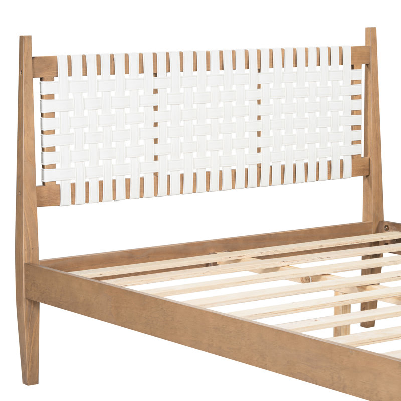 Grand lit contemporain avec tête de lit en cuir blanc tissé, bois de pin massif, plateforme côtière facile à installer et décor naturel pour la chambre à coucher