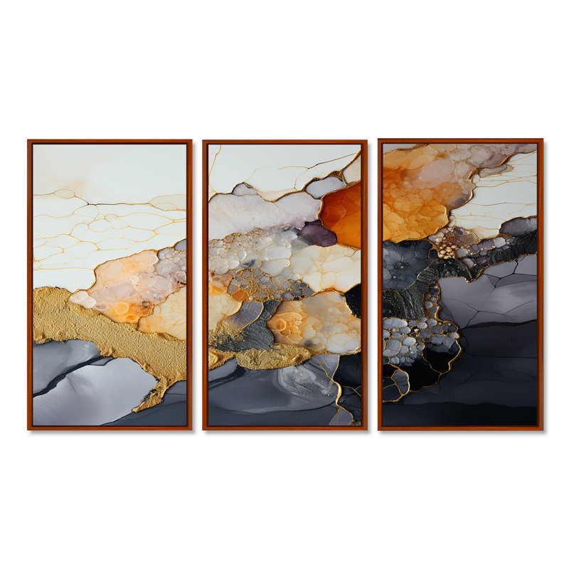 «Silver Gold Rock Impression» - ensemble d'impression d'art mural en marbre, H 28 po x l 36 po x P 1 po, Cadre flottant brun
