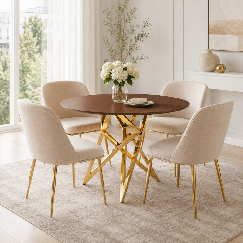 37-Inch Modern Round Dining Table, Small Kitchen Table For 2-4 People, Brown/Walnut Finish With Golden Metal Legs | Gift Idea