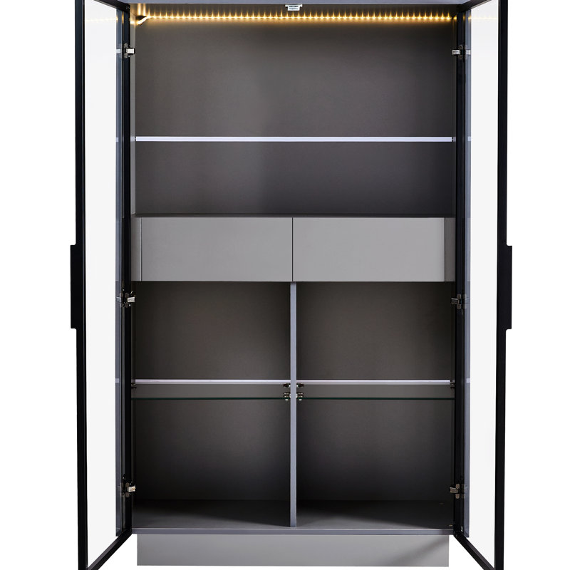 Grande vitrine de style moderne de 60,6 po en gris - porte en verre trempé, éclairage à DEL, deux tiroirs, tablettes réglables pour le salon, le bureau et le bureau