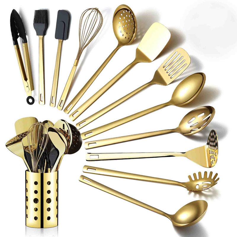 Gold Cooking Utensils Set, Stainless Steel 13 Pieces Kitchen Utensils Set With Titanium Gold Plating, Kitchen Tools Set With Utensil Holder, Dishwasher Safe, Easy To Clean