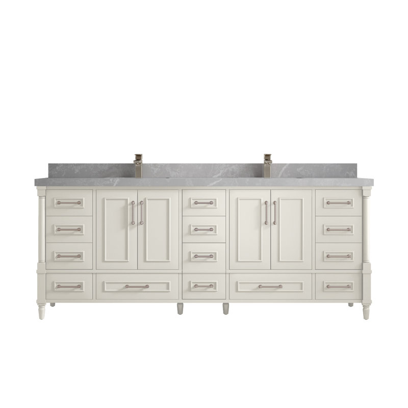 Aberdeen 84'' Double Bathroom Vanity with Quartz Top, Pearl Gray, Alabaster