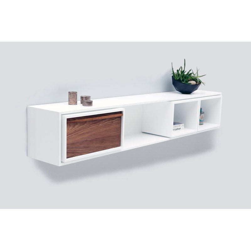 New School 3 Piece Walnut Solid Wood Cube Shelf with Drawer