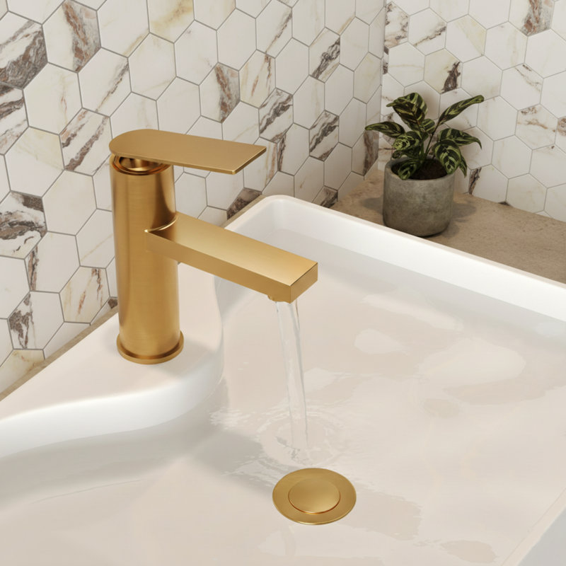 Single Hole Bathroom Faucet, Single Handle Bathroom Sink Faucet with Drain Assembly, Brushed Gold