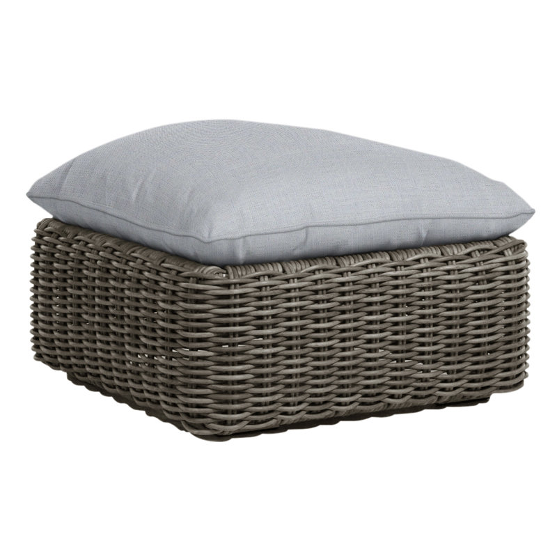 Montecito Outdoor Ottoman with Cushion, Welt, Raffia, Arbor Chambray