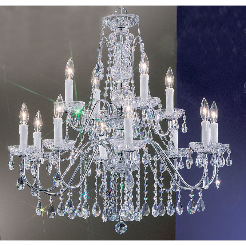 Lustre à plusieurs niveaux de style bougie 12 lumières Letitia, Chrome, Crystalique