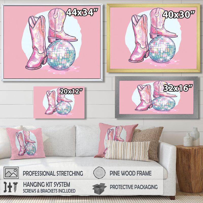 Décoration murale disco rose bottes de cowboys, H 24 po x l 32 po x P 1 po, Toile encadrée noire simple