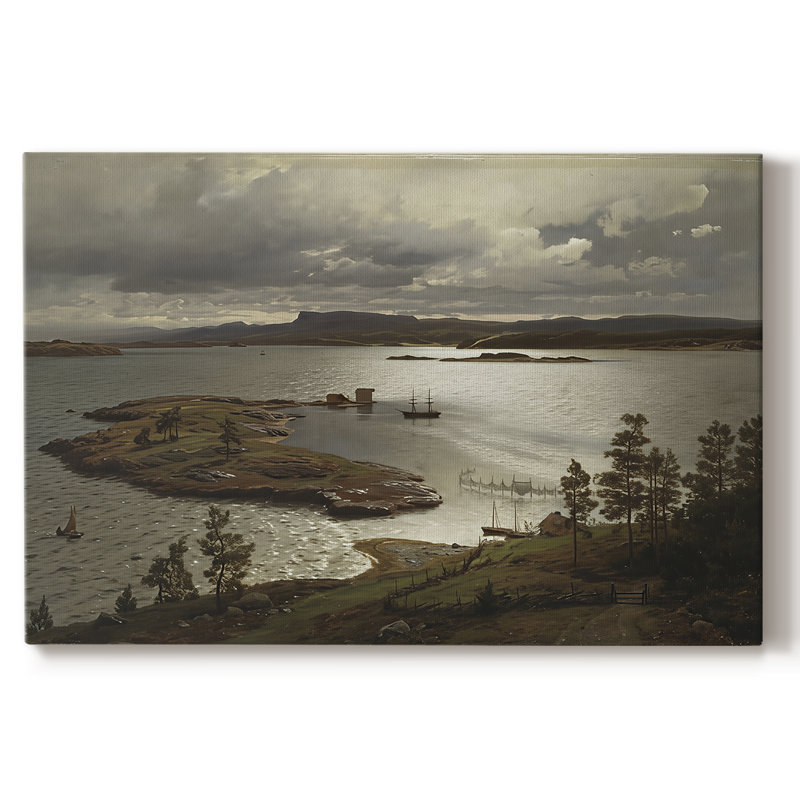Vue côtière avec îlot et filets de pêche-Hans Gude-Toile tendue avec châssis-c. Fin du 19e siècle, 18x27