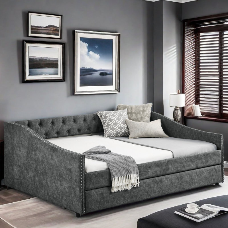 Shary Upholstered Tufted Daybed with Trundle and Copper Nail on Waved Shape Arms, Full, Gray
