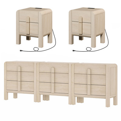 Ensemble de chambre à coucher 5 pièces, ensembles de commode et table de chevet 9 tiroirs pour la chambre à coucher, ensemble de 2 tables de chevet avec profil incurvé, commode en bois Mid-Century