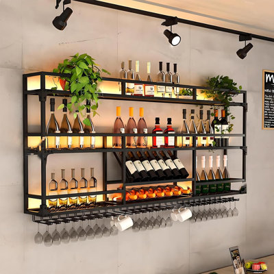 31Inch Metal Wall-Mounted Wine Rack With LED Light - 3 Tier Wine Storage Display Rack With Glass Holder - Space-Saving Bottle Display Shelf For Home B