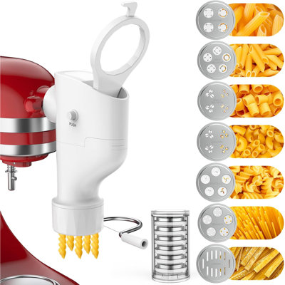 Pasta Press Attachment Compatible with KitchenAid Stand Mixers, 7 Interchangeable Pasta Discs, Makes Spaghetti Macaroni Fusilli Bucatini Rigatoni, Upgraded Buckle Design with Storage Case