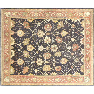 One-of-a-Kind Hand-Knotted 1900s 11'4" x 13'9" Wool Area Rug in Red/Black/Beige