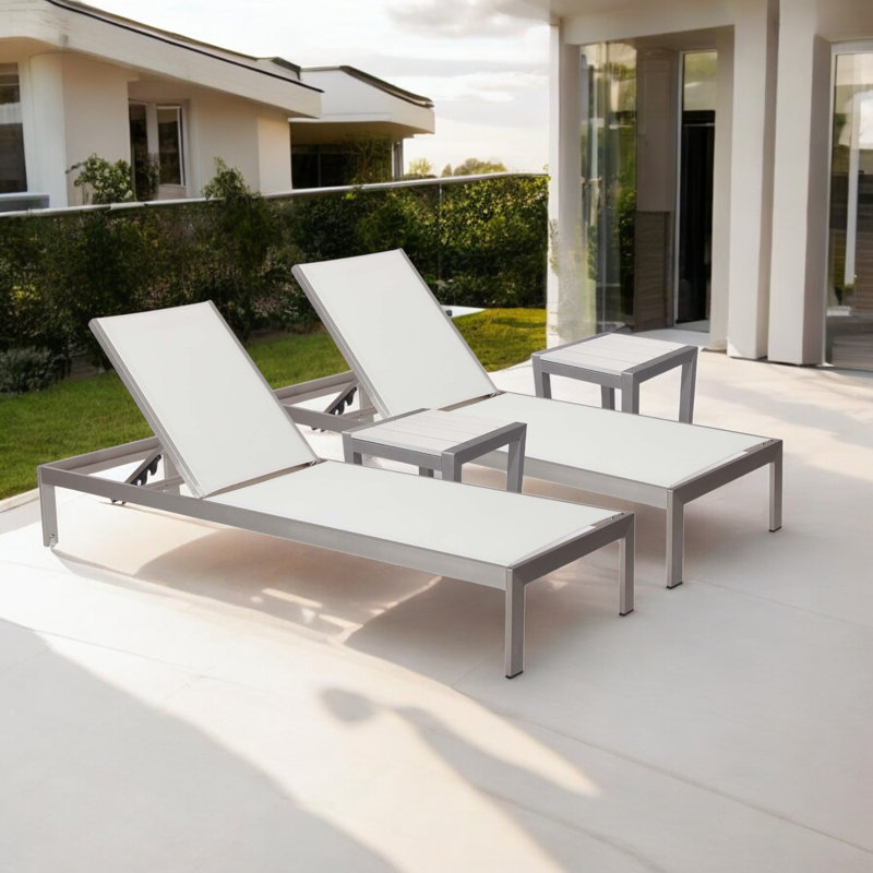 Aynura 76'' Reclining Chaise Lounge Set, White, Gray