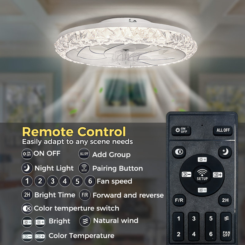 19'' Flush Mount Crystal Ceiling Fan With Light, 7 Blades 6 Speeds for Bedroom Living Room