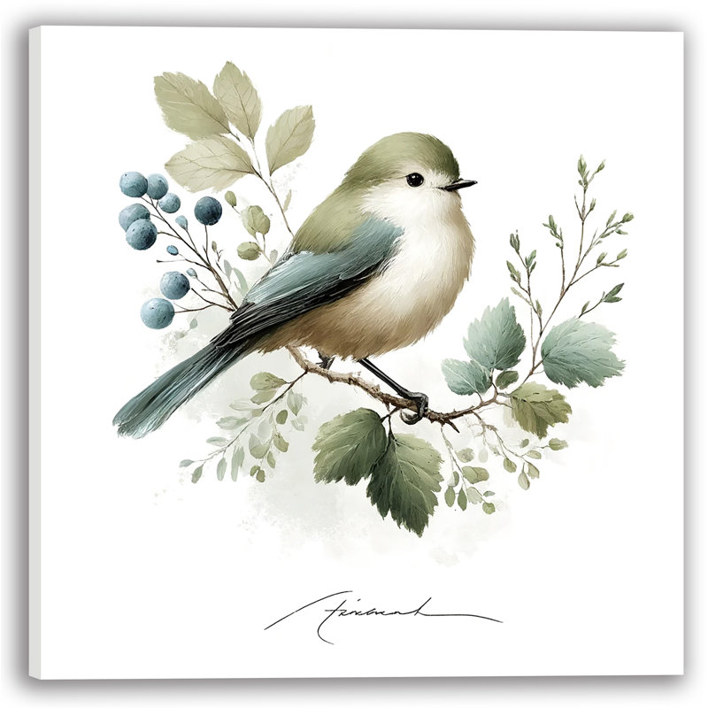 «Soft Green Bird and Berries», art mural sur toile tendue, H 12 po x l 12 po x P 1 po