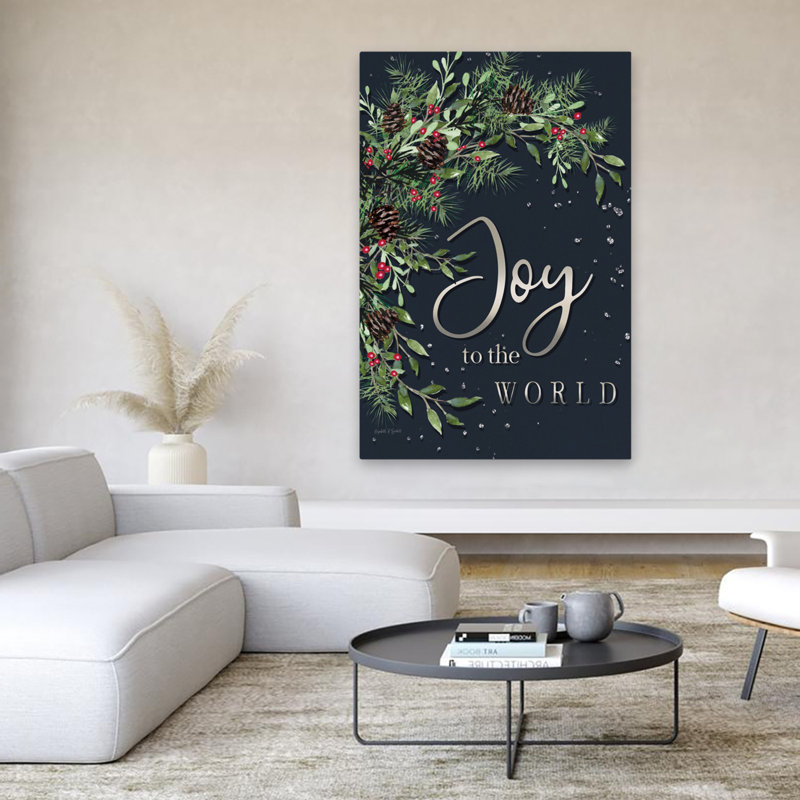 «Joy To The World» - art contemporain avec branches de pin festives et joyeuses, H 40 po x l 60 po