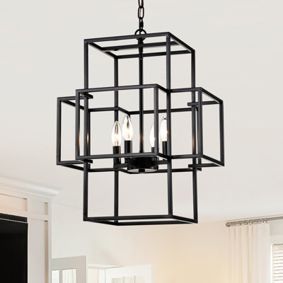 Industrial 4- Metal Lantern - Matte Black With Adjustable Height Hanging For Dining Room, Hallway, Foyer, Entryway Tiered Pendant