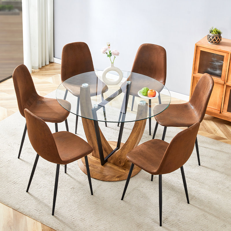 Round Dining Table Set, Brown, 7