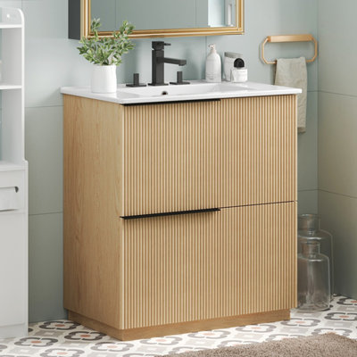 Meuble-lavabo de 30 po avec lavabo en céramique et tiroirs pleine extension, glissières de tiroir à fermeture en douceur, conception cannelée, naturel