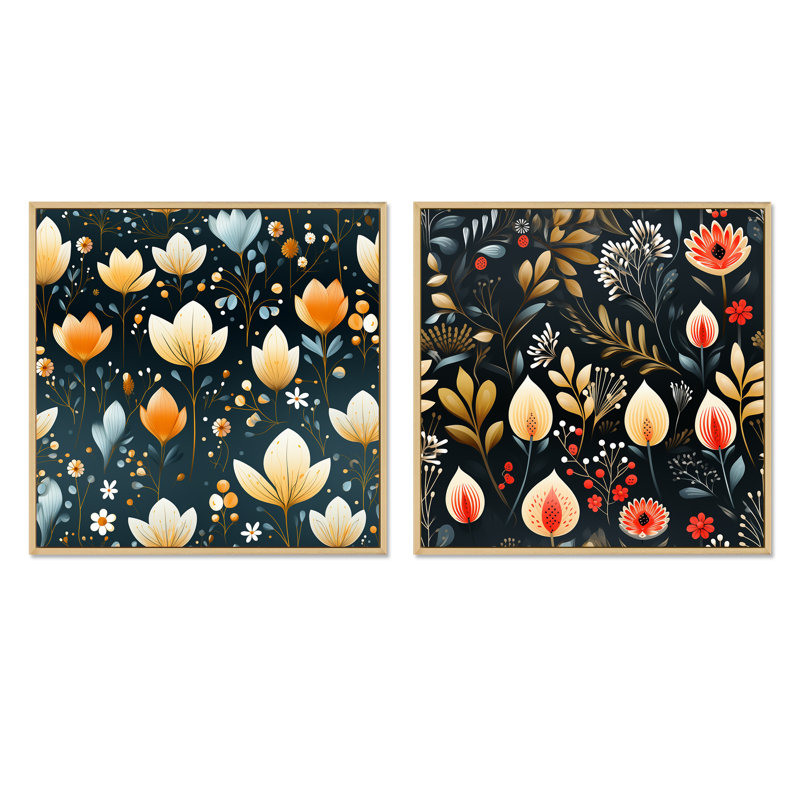 Scandinavian Botanical Collage III - Ensemble de 2 collages botaniques abstraits, H 36 po x l 73 po, Cadre flottant brun