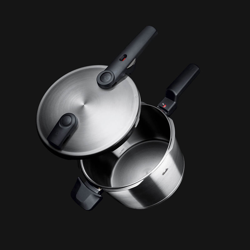 Fissler Vitaquick® Premium 2-piece set, 2.6 Quart Pressure Skillet Set and 4.8 Quart Pressure Cooker, 14.4" W x 14.4" D