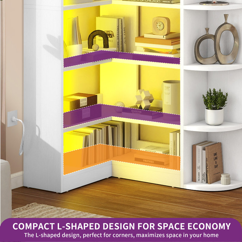 White L-Shaped 6-Tier Corner Bookshelf with LED Light