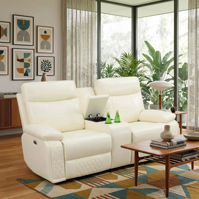 Ember White Vegan Leather  Reclining  Loveseat With Cup-Holders And LED Lights