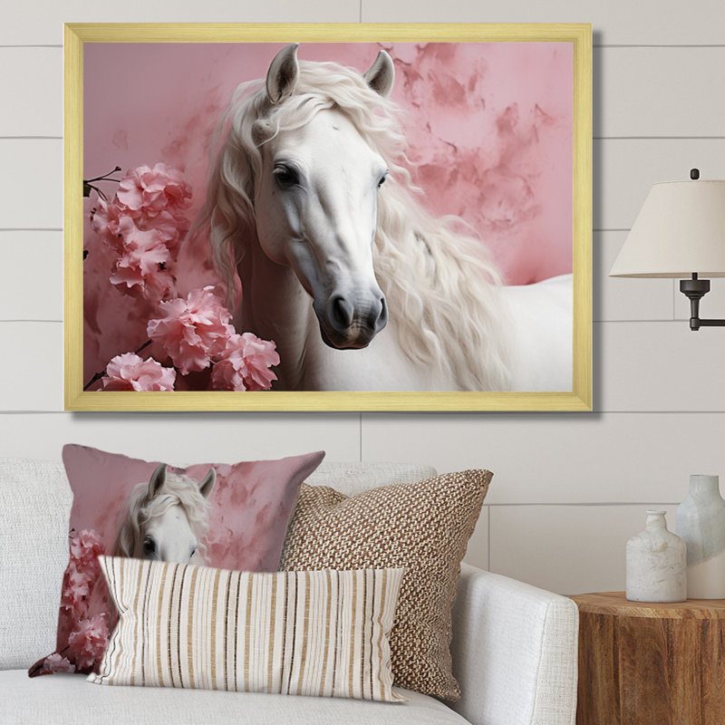 Cheval rose blanc doux beauté - art mural cheval, H 12 po x l 20 po x P 1 po, Cadre doré simple