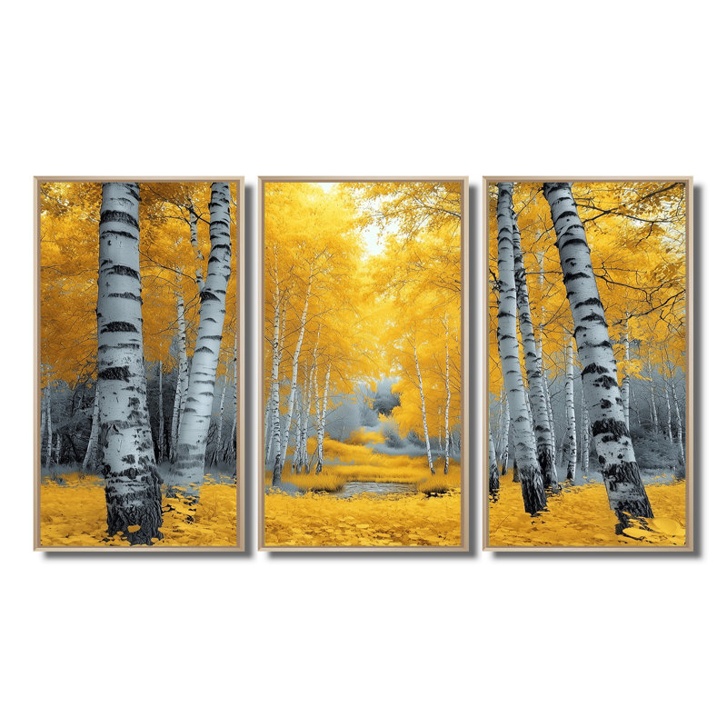 Ensemble de salon art mural forêt jaune Panorama, H 28 po x l 36 po x P 1 po, Toile naturelle avec cadre flottant
