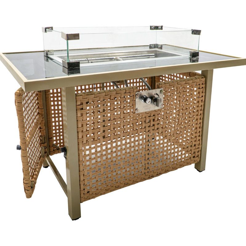 Foyer de table rectangulaire 43 po avec pare-vent en verre, gaz propane 60000, tissage ouvert pour le patio extérieur - table orange et jaune moutarde, cour arrière