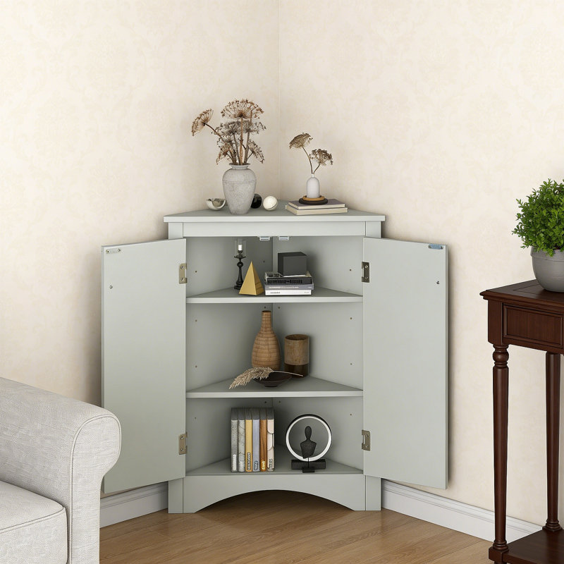 Triangle Bathroom Storage Cabinet With Adjustable Shelves, Freestanding Floor Cabinet For Home Kitchen, Off White