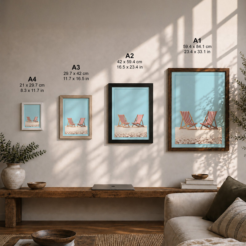 Vacant Seaside Chairs Coastal - Framed Print, A1 - 84.1 x 59.4 cm, Black