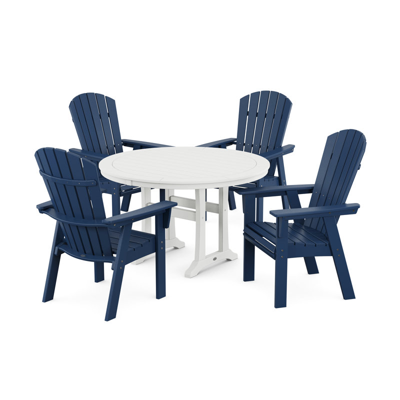 POLYWOOD Nautical Curveback Adirondack 5-Piece Round Dining Set with Trestle Legs, Navy/White