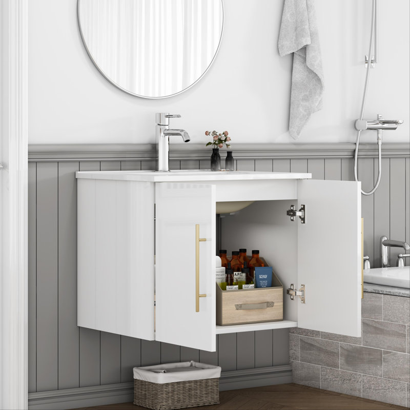 Meuble-lavabo mural Glamora de 24 po avec charnières à fermeture en douceur et fabrication durable, Blanc lustré