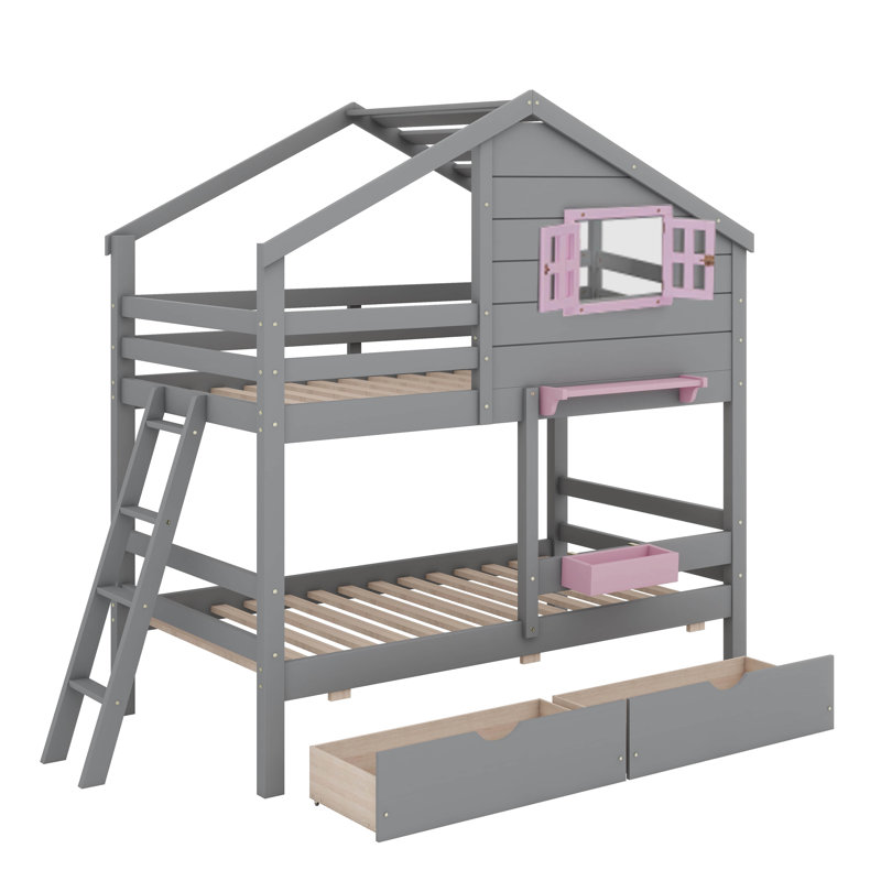 Functional Twin-Over-Twin Bunk Bed With Two Built-In Drawers, Gray
