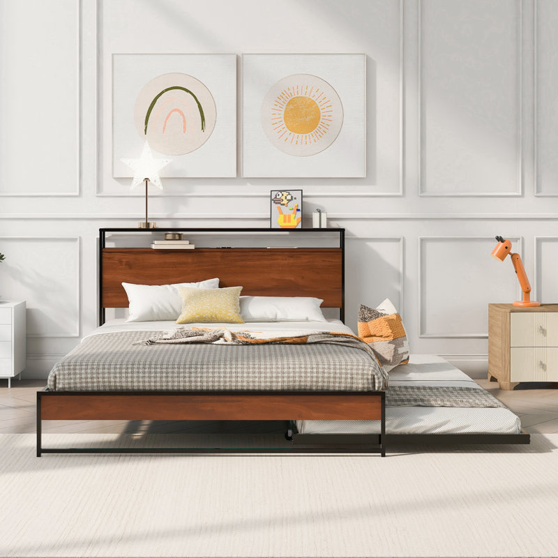 Structure de lit plateforme en métal avec lit gigogne, ports USB et support à lattes, aucun sommier nécessaire, parfait pour les chambres modernes